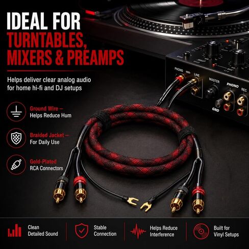 RCA Cable with Ground Wire for Turntable, 3.3 FT, 18AWG OFC Braided 2RCA Male Stereo Audio Cable, Gold-Plated Connectors for Preamp, Record Player, DJ Mixer, Amplifier in Kuwait