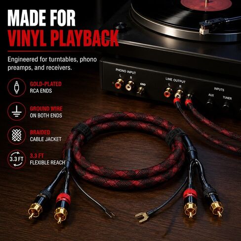 RCA Cable with Ground Wire for Turntable, 3.3 FT, 18AWG OFC Braided 2RCA Male Stereo Audio Cable, Gold-Plated Connectors for Preamp, Record Player, DJ Mixer, Amplifier in Kuwait