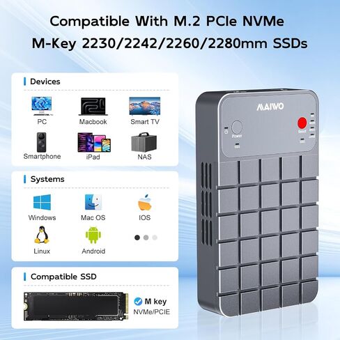 MAIWO RAID NVMe Enclosure USB3.2 GEN2x2 20Gbps, Dual Bay M.2 PCIe NVMe SSD Reader with RAID 0/1/PM/JBOD Cooling Fan, USB-C to C&A Dual Cables, 5V 3A Power Adapter, Aluminum in Kuwait