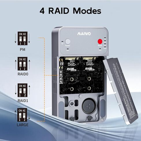 MAIWO RAID NVMe Enclosure USB3.2 GEN2x2 20Gbps, Dual Bay M.2 PCIe NVMe SSD Reader with RAID 0/1/PM/JBOD Cooling Fan, USB-C to C&A Dual Cables, 5V 3A Power Adapter, Aluminum in Kuwait