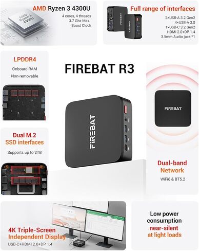 FIREBAT Mini PC AMD Ryzen 4300U (up to 3.7GHz), LAN/Wi-Fi 6/BT 5.2, Type-C/HDMI/DP, 4K @60Hz Support, 16GB LPDDR4, 512GB SSD (Expandable),Silent,Use in Education, Office, and Home Entertainment in Kuwait