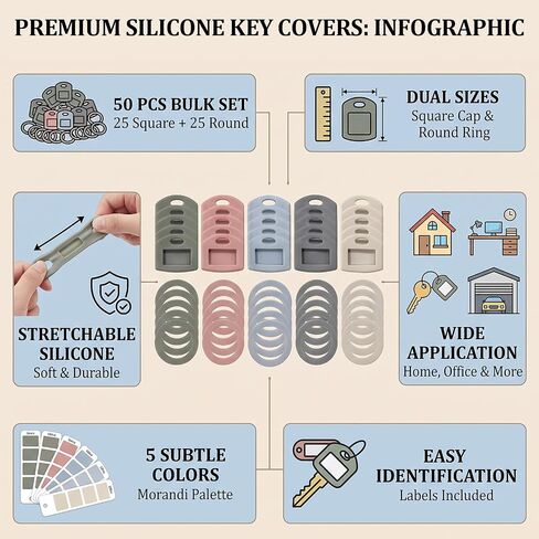 50Pcs Silicone Key Covers Caps with Labels, Color Square & Round Key Identifier Caps, House Keys Head Protectors for Home and Office Keys Organization & Easy Identification in Saudi Arabia