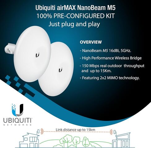 Wireless Bridge Ubiquiti NBE-M5-16 PRE-CONFIGURED, Bundle of 2 Ubiquiti NanoBeam M5 and Mounting Poles, Point to Point Outdoor WiFi Bridge, Plug and Play, 5GHz, 150+Mbps, 15+km Link Range in Kuwait