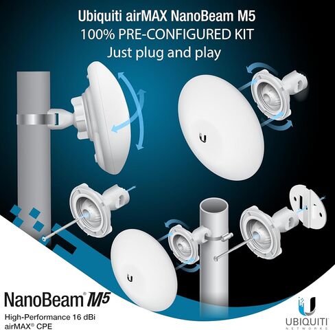 Wireless Bridge Ubiquiti NBE-M5-16 PRE-CONFIGURED, Bundle of 2 Ubiquiti NanoBeam M5 and Mounting Poles, Point to Point Outdoor WiFi Bridge, Plug and Play, 5GHz, 150+Mbps, 15+km Link Range in Kuwait