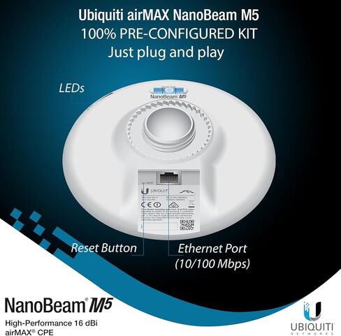 Wireless Bridge Ubiquiti NBE-M5-16 PRE-CONFIGURED, Bundle of 2 Ubiquiti NanoBeam M5 and Mounting Poles, Point to Point Outdoor WiFi Bridge, Plug and Play, 5GHz, 150+Mbps, 15+km Link Range in Kuwait