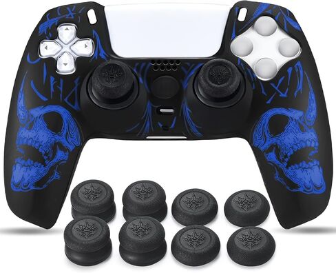 YoRHa Laser Carving Silicone Skin for PS5 Controller x 1(Skulls Blue) with Exclusive Thumb Grips x 8 in Kuwait