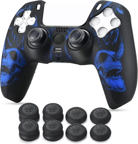 YoRHa Laser Carving Silicone Skin for PS5 Controller x 1(Skulls Blue) with Exclusive Thumb Grips x 8 in Kuwait