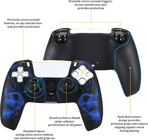 YoRHa Laser Carving Silicone Skin for PS5 Controller x 1(Skulls Blue) with Exclusive Thumb Grips x 8 in Kuwait