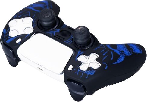 YoRHa Laser Carving Silicone Skin for PS5 Controller x 1(Skulls Blue) with Exclusive Thumb Grips x 8 in Kuwait