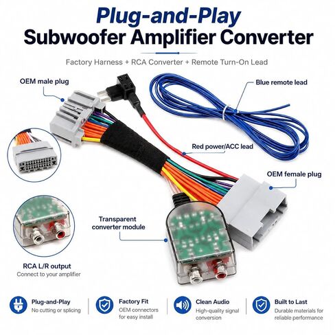 Car Subwoofer Amplifier Converter for Dodge Ram Challenger Charger, Jeep Commander Compass Grand Cherokee Liberty Patriot Wrangler, Chrysler, Plug-and-Play RCA Adapter, No Cutting Car Audio Wire in Kuwait