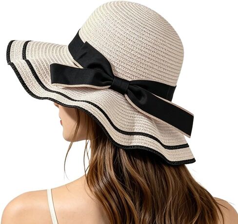 Women's Wide Brim Straw Hat, Summer Beach Sun Protection Hat Floppy Hat with Bowknot in Kuwait