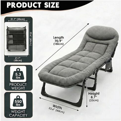DXZ Folding Camping Cot for Adults, 6-Position Adjustable Reclining Cot with Mattress and Pillow, Heavy Duty Portable Sleeping Bed with Side Pocket for Camping, Patio, Office Nap and Home Rest, Grey in Kuwait
