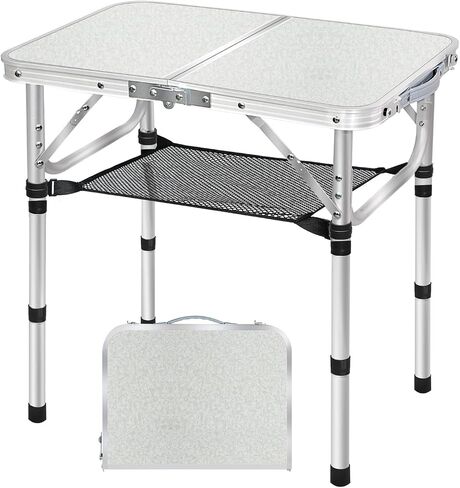 Medium Folding Table, 35" x 24" Portable Camping Table with 2 Adjustable Height Max 28", 3FT Foldable Table with Storage Net, White Metal Table for Patio, BBQ, Camping and Backpacking in Kuwait
