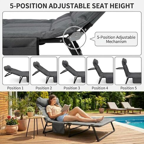 DXZ Folding Camping Cot for Adults, 6-Position Adjustable Reclining Cot with Mattress and Pillow, Heavy Duty Portable Sleeping Bed with Side Pocket for Camping, Patio, Office Nap and Home Rest, Grey in Kuwait