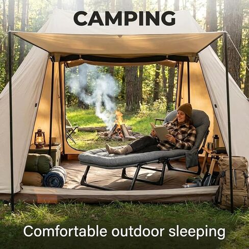 DXZ Folding Camping Cot for Adults, 6-Position Adjustable Reclining Cot with Mattress and Pillow, Heavy Duty Portable Sleeping Bed with Side Pocket for Camping, Patio, Office Nap and Home Rest, Grey in Kuwait
