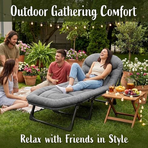 DXZ Folding Camping Cot for Adults, 6-Position Adjustable Reclining Cot with Mattress and Pillow, Heavy Duty Portable Sleeping Bed with Side Pocket for Camping, Patio, Office Nap and Home Rest, Grey in Kuwait