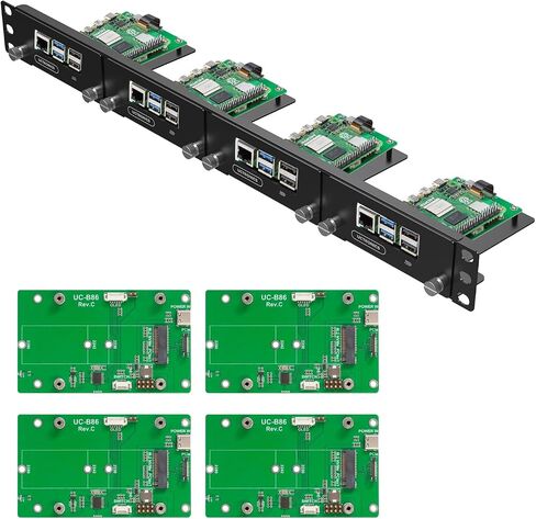 UCTRONICS 1U Rack Mount for Raspberry Pi 5, 19" Server Rack with 5 PCIe to M.2 NVME SSD Adapters, Support Up to 5 Pi 5 in Kuwait