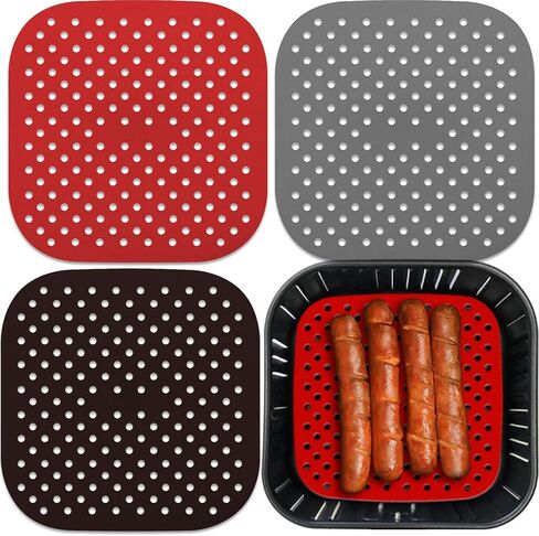 3 Pack 8.5" Reusable Square Silicone Air Fryer Liners Non-Stick, Easy-Clean Accessories Sheet Perfect for Quick Meals (Red&grey&black) in Kuwait