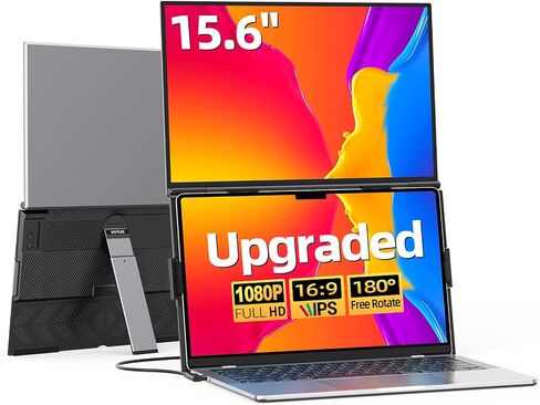 15.6" Dual Laptop Screen Extender - Ultra Thin & Lightweight (2.2lb) Stacked Foldable Portable Monitor, FHD 1080P Ergonomic Travel Display, Plug & Play USB-C/HDMI for 13-17.3" Mac/Windows Laptops in Kuwait