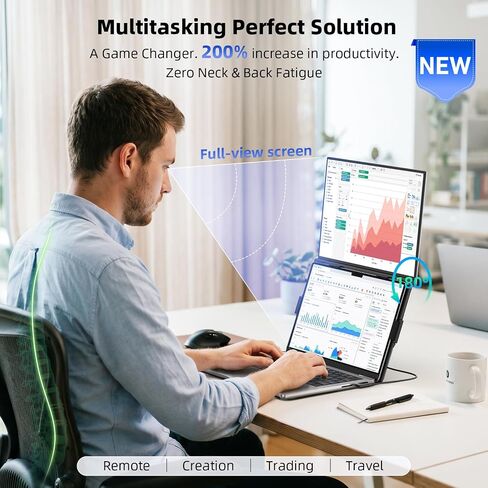 15.6" Dual Laptop Screen Extender - Ultra Thin & Lightweight (2.2lb) Stacked Foldable Portable Monitor, FHD 1080P Ergonomic Travel Display, Plug & Play USB-C/HDMI for 13-17.3" Mac/Windows Laptops in Kuwait