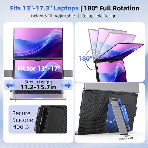 15.6" Dual Laptop Screen Extender - Ultra Thin & Lightweight (2.2lb) Stacked Foldable Portable Monitor, FHD 1080P Ergonomic Travel Display, Plug & Play USB-C/HDMI for 13-17.3" Mac/Windows Laptops in Kuwait