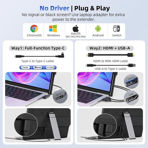 15.6" Dual Laptop Screen Extender - Ultra Thin & Lightweight (2.2lb) Stacked Foldable Portable Monitor, FHD 1080P Ergonomic Travel Display, Plug & Play USB-C/HDMI for 13-17.3" Mac/Windows Laptops in Kuwait