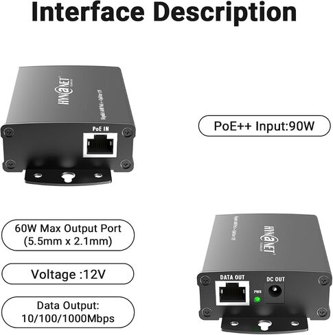 60W PoE++ Splitter to 12V/5A,Gigabit Ethernet, 802.3BT, Metal Case, with Voltage Isolation for Monitor,Security Camera in Kuwait