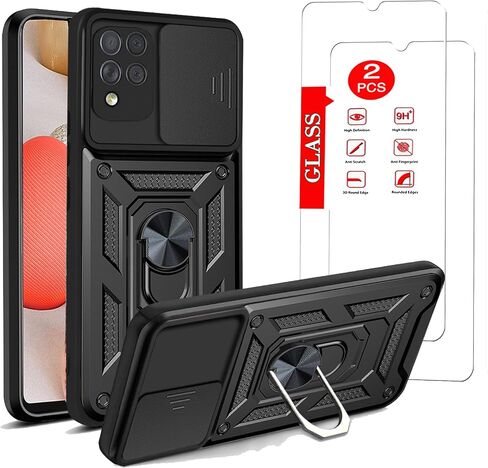 for Samsung Galaxy A42 5G Case with [2 Pack] Tempered Glass Screen Protector, for Galaxy A42 Heavy Duty Armor [Military-Grade] Protective, with Lens Protects Magnetic Ring Stand Cover Black in Kuwait