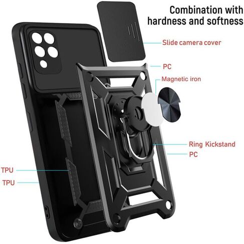 for Samsung Galaxy A42 5G Case with [2 Pack] Tempered Glass Screen Protector, for Galaxy A42 Heavy Duty Armor [Military-Grade] Protective, with Lens Protects Magnetic Ring Stand Cover Black in Kuwait