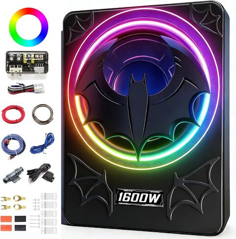 1600W Slim Underseat Car Subwoofer and Amp Package, Powered Under Seat Subwoofer with Built-in Amp, Subsonic Deep Bass, Cast Aluminum, DSP Class D, LED Ambient Light, for Truck SUV Sedan in Saudi Arabia