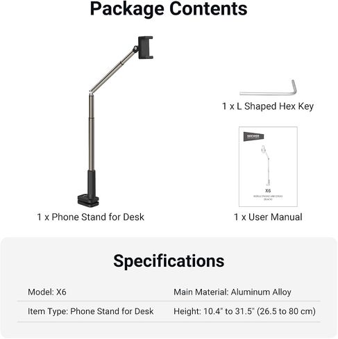 NEEWER Entry Level Version Phone Stand for Desk & Bed, 360° Adjustable Office Table Bedside Overhead Cell Phone Holder Mount Compatible with iPhone Samsung Android for Video Recording Filming, X6 in Kuwait