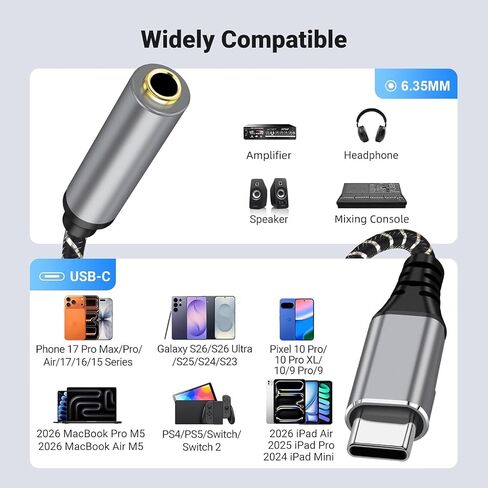 USB C to 6.35mm TRS Stereo Audio Cable 3.3 FT,USB C to 1/4 inch TRS Female Cable Audio Jack Cord for Phones, Amplifier, Speaker, Headphone, Mixing Console (No Recording Support) in Kuwait