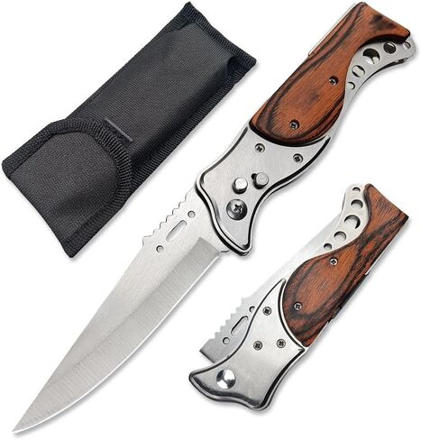 9.5" Folding Knives With Flashlight,Wood Handle Pocket Knife,Outdoor Camping Hiking Fishing Knife Men's Collection Gifts in Kuwait