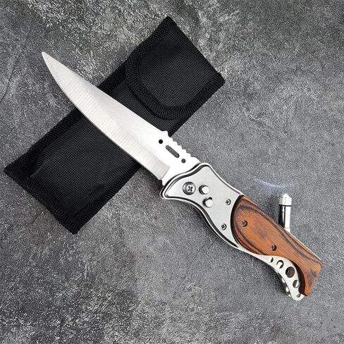 9.5" Folding Knives With Flashlight,Wood Handle Pocket Knife,Outdoor Camping Hiking Fishing Knife Men's Collection Gifts in Kuwait