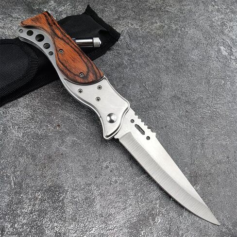 9.5" Folding Knives With Flashlight,Wood Handle Pocket Knife,Outdoor Camping Hiking Fishing Knife Men's Collection Gifts in Kuwait