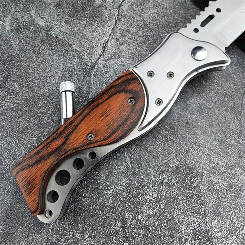 9.5" Folding Knives With Flashlight,Wood Handle Pocket Knife,Outdoor Camping Hiking Fishing Knife Men's Collection Gifts in Kuwait