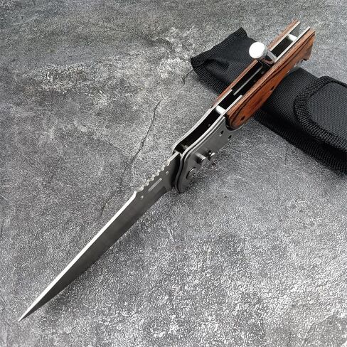 9.5" Folding Knives With Flashlight,Wood Handle Pocket Knife,Outdoor Camping Hiking Fishing Knife Men's Collection Gifts in Kuwait