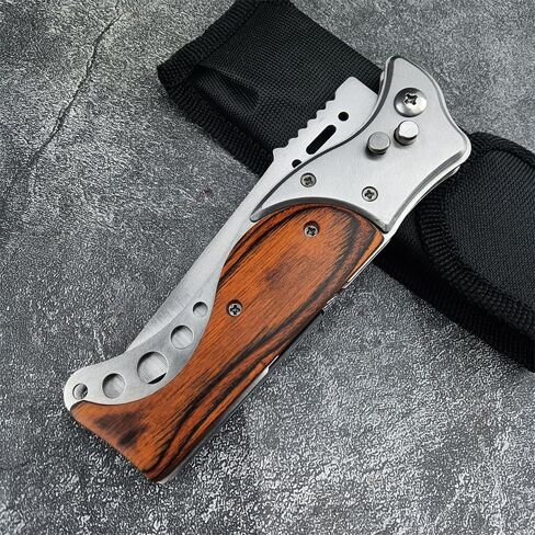 9.5" Folding Knives With Flashlight,Wood Handle Pocket Knife,Outdoor Camping Hiking Fishing Knife Men's Collection Gifts in Kuwait
