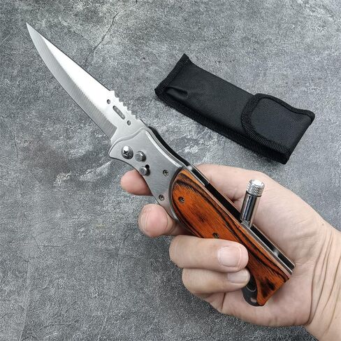 9.5" Folding Knives With Flashlight,Wood Handle Pocket Knife,Outdoor Camping Hiking Fishing Knife Men's Collection Gifts in Kuwait