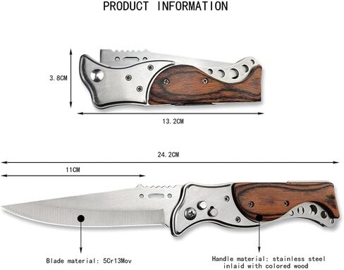 9.5" Folding Knives With Flashlight,Wood Handle Pocket Knife,Outdoor Camping Hiking Fishing Knife Men's Collection Gifts in Kuwait