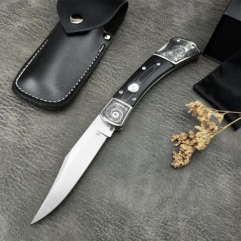 HUAAO Outdoor Folding Knife ，D2 Steel Blade，Micarta Handle with Leather Sheath，EDC Camping Pocket Knives for Men (Black) in Kuwait