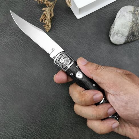 HUAAO Outdoor Folding Knife ，D2 Steel Blade，Micarta Handle with Leather Sheath，EDC Camping Pocket Knives for Men (Black) in Kuwait
