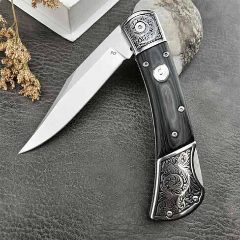 HUAAO Outdoor Folding Knife ，D2 Steel Blade，Micarta Handle with Leather Sheath，EDC Camping Pocket Knives for Men (Black) in Kuwait