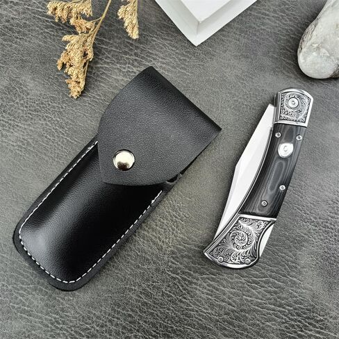 HUAAO Outdoor Folding Knife ，D2 Steel Blade，Micarta Handle with Leather Sheath，EDC Camping Pocket Knives for Men (Black) in Kuwait