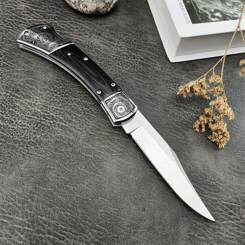 HUAAO Outdoor Folding Knife ，D2 Steel Blade，Micarta Handle with Leather Sheath，EDC Camping Pocket Knives for Men (Black) in Kuwait