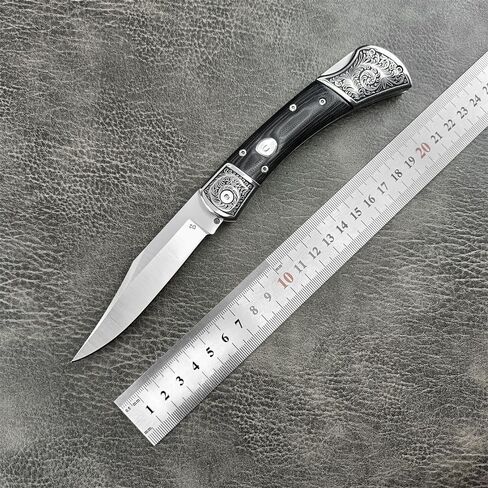 HUAAO Outdoor Folding Knife ，D2 Steel Blade，Micarta Handle with Leather Sheath，EDC Camping Pocket Knives for Men (Black) in Kuwait