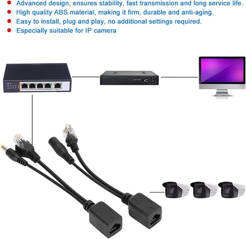 PoE Ethernet Splitter Adapter, Stable Performance, 5 Pairs for IP Camera, Easy Installation (Black) in Kuwait
