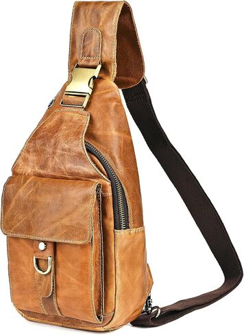 Water Resistant Canvas + Leather Hiking Travel DayPack Sling Crossbody Triangle Chest Pack Bag For Men Women FB8013 (100% Genuine Leather-8015 Brown) in Kuwait