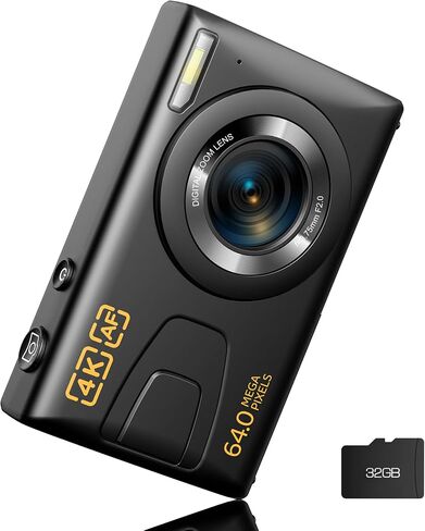 Digital Camera 4K 64MP Vlogging Camera Autofocus Point and Shoot Digital Cameras for Photography Camera for Kid Student Children Teen Girl Boy, 18X, 2 Batteries, 32GB Card, Black in Kuwait