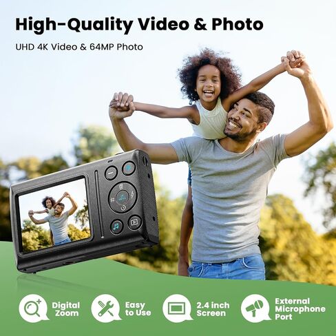 Digital Camera 4K 64MP Vlogging Camera Autofocus Point and Shoot Digital Cameras for Photography Camera for Kid Student Children Teen Girl Boy, 18X, 2 Batteries, 32GB Card, Black in Kuwait